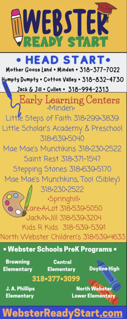 Image with WEBSTER READY START centers contact information. • HEAD STARTS. Mother Goose Land Minden 318-377-7022 Humpty Dumpty Cotton Valley • 318-832-4730 Jack & Jill Cullen 318-994-2313 ● Early Learning Centers •Minden. Little Steps of Faith 318.299.3839 Little Scholar's Academy & Preschool 318-639-5040 Mae Mae's Munchkins 318.230.2522 Saint Rest 318-371-1547 Stepping Stones 318.639.5170 Mae Mae's Munchkins, Too! (Sibley) 318-230-2522 •Springhill. Kare•A•Lot 318-539-5050 Jack-N-Jill 318-539-3204 Kids R Kids 318-539-5391 North Webster Children's 318.539.4633 - Webster Schools PreK Programs. Browning Elementary Central Elementary J. A. Phillips Elementary Doyline High North Webster Lower Elementary 318-377-3099 WebsterReadyStart.com